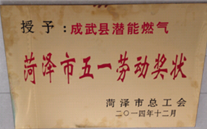 成武县yl6776永利集团燃气有限公司获得2014年度“菏泽市五一劳动奖状”及“菏泽市学习型组织标兵单位”称号
